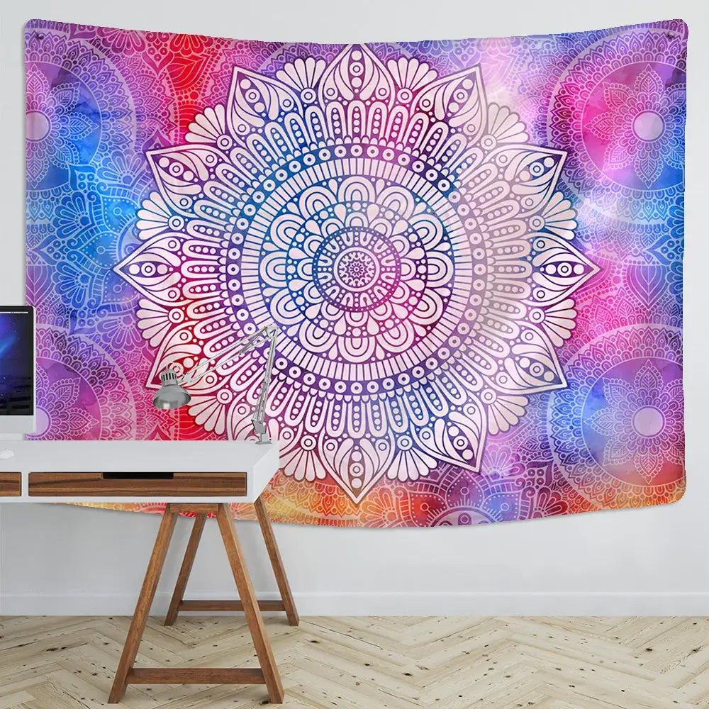 A vibrant boho multicolored indian mandala tapestry with intricate white line art for bedroom wall decorbites indian mandala