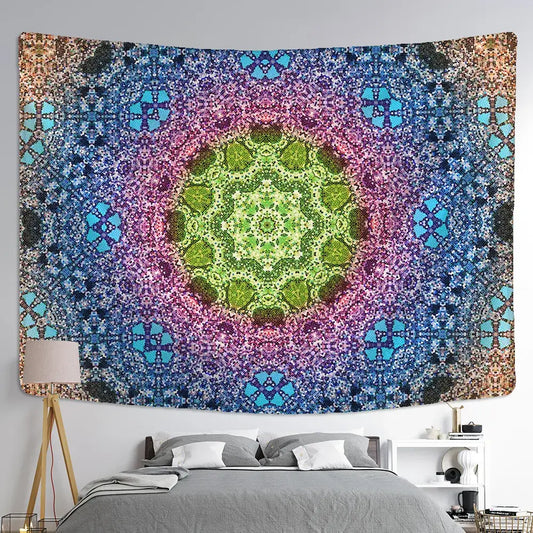 Boho multicolored indian mandala tapestry with intricate geometric patterns and central green focal point for bedroom wall decor