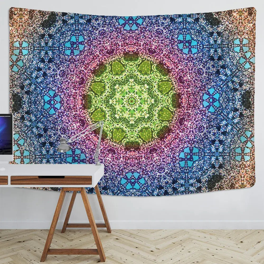 Boho multicolored indian mandala tapestry with vibrant green center radiating purple and blue hues for bedroom wall decorbites indian mandala