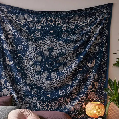 Boho navy blue celestial floral moon phase tapestry with intricate white moons stars suns wall art decorbites celestial floral