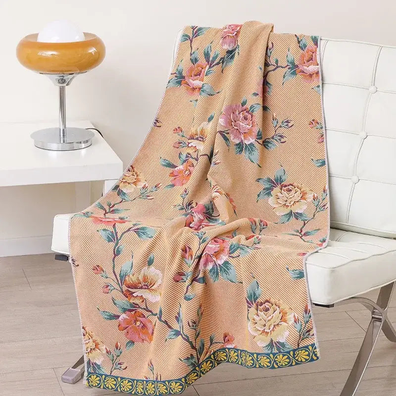 Beige floral cotton bath towel with pink roses green leaves and yellow patterned border from decorbites collection