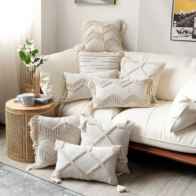 Beige cotton boho nordic tassel pillow case with macramé texture and fringe detailing for bedroom decorbites decor