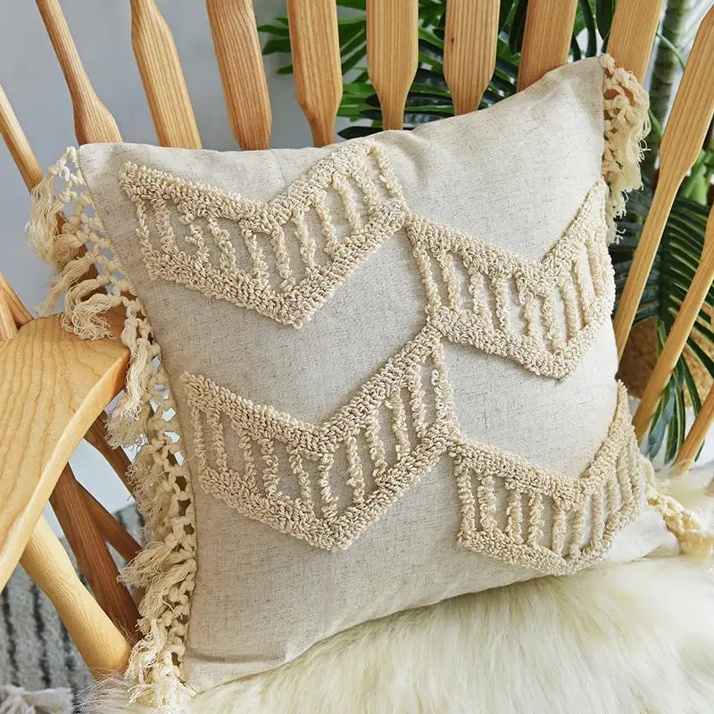 Beige cotton boho nordic tassel pillow case with textured woven chevron patterns and fringed edges for decorbites decor