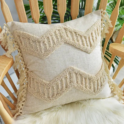 Beige linen boho nordic tassel pillow case with textured woven zigzag patterns for bedroom decorbites cushion cover