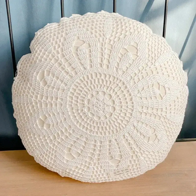 Boho off-white crochet cushion cover with delicate lace patterns and scalloped edge for living room decorbites decor