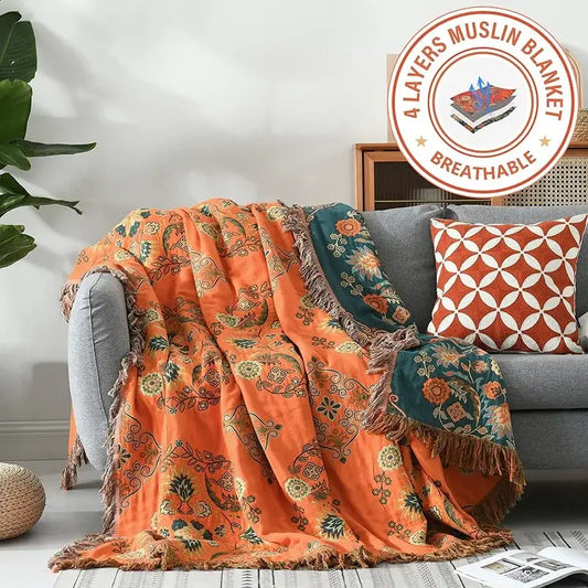 Boho orange and teal floral gauze towel blanket made of four-layer muslin with fringed edges for decorbites gauze boho use