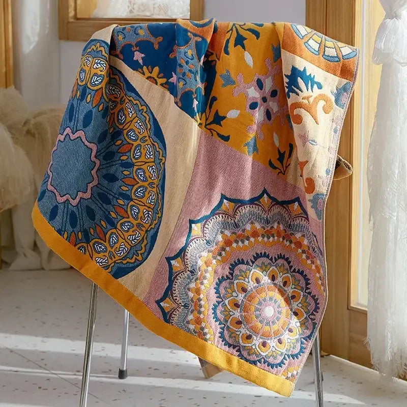 Boho patchwork cotton gauze bath towel with vibrant mandala patterns in blue yellow pink and orange for bathroom wrap