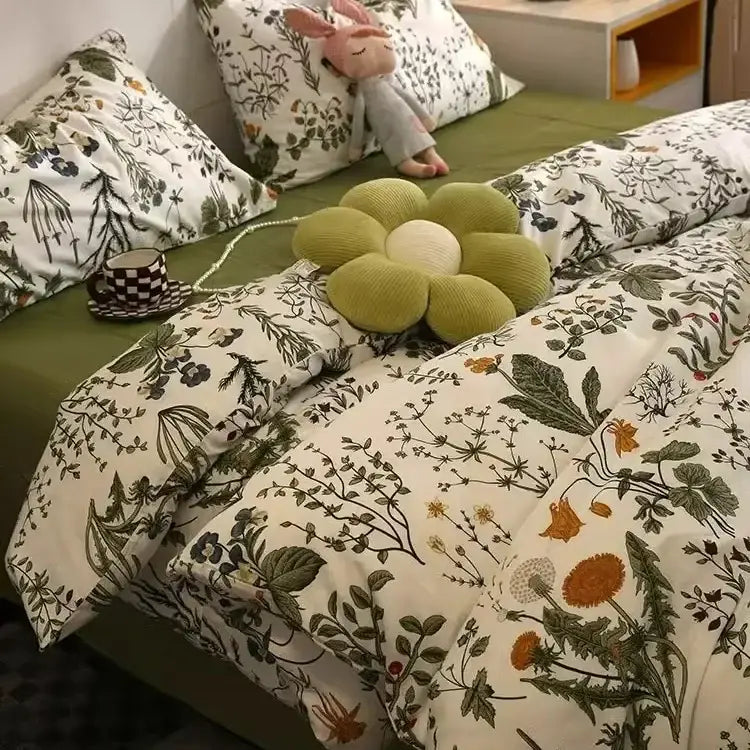 Green corduroy flower-shaped pillow with cream center in decorbites boho pattern printed cream floral bedding set bedroom decor