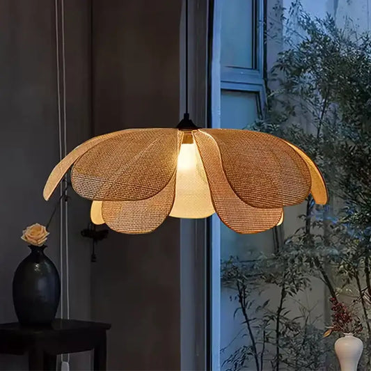 Boho petal woven pendant light warm-toned rattan shaped like blooming flower with layered petals for dining room