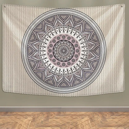 Beige and gray indian mandala wall hanging with intricate geometric patterns for boho bedroom decor by decorbites indian mandala
