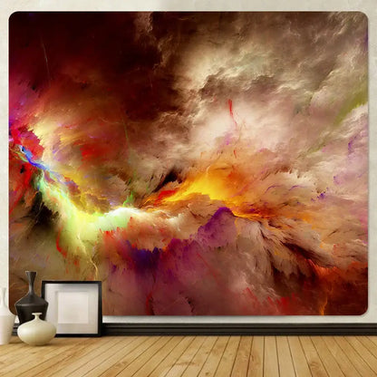 Boho red and gold cloud home tapestry with vibrant cosmic nebula design for bedroom wall decor by decorbites cloud home