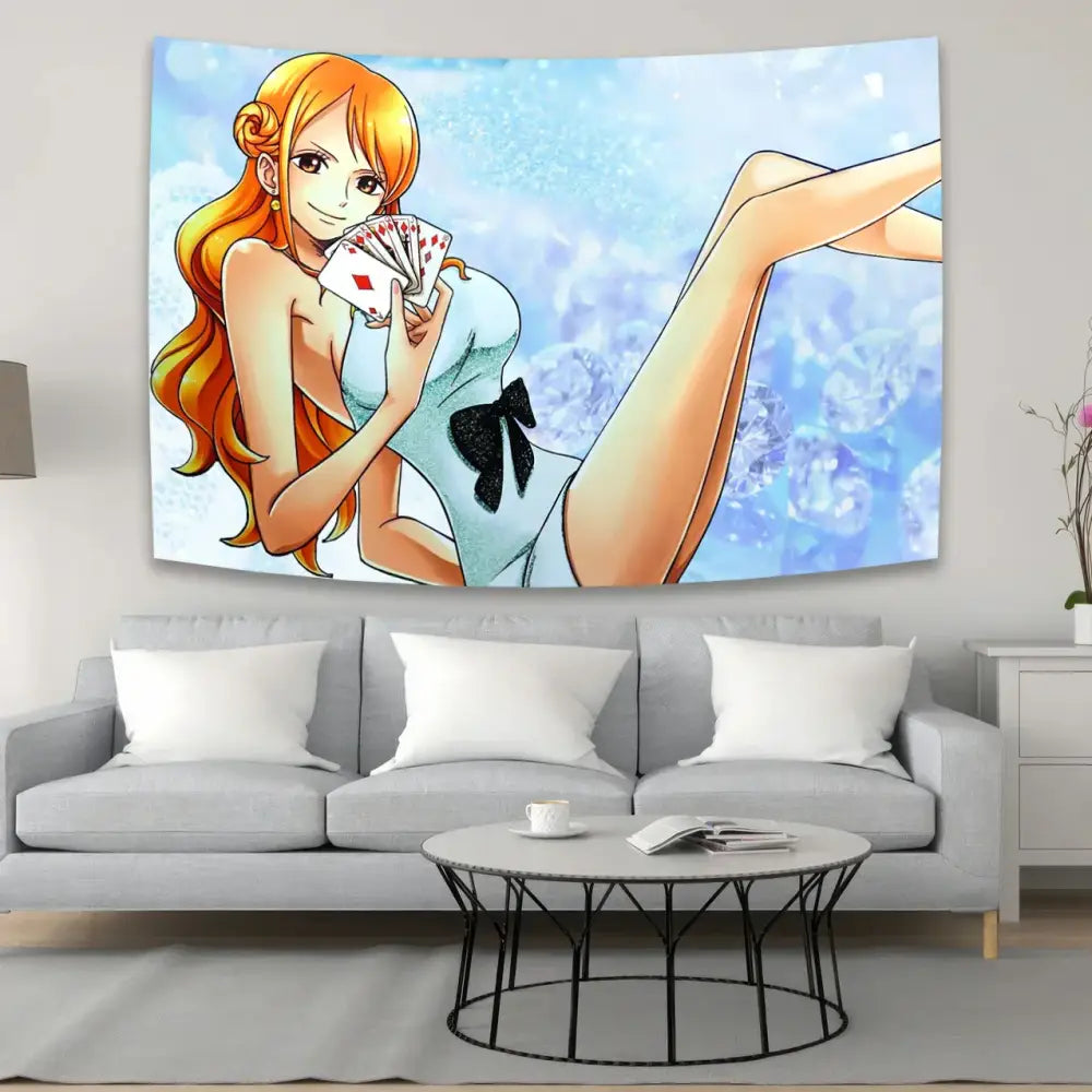 Vibrant orange-haired woman in light blue dress holding cards on sparkling background boho red and white piece character canvas tapestry decorbites anime