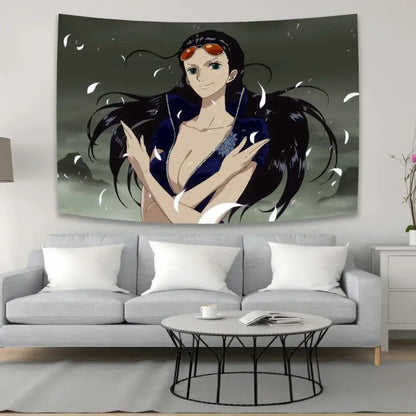Dark blue and black anime character canvas tapestry with orange goggles and detailed outfit for bedroom decorbites anime decor