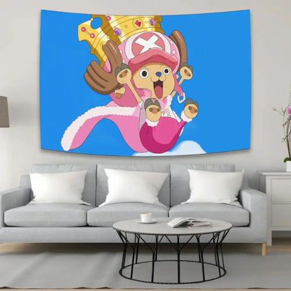 A vibrant blue piece character canvas tapestry featuring chopper in pink outfit holding a golden crown for bedroom decorbites anime