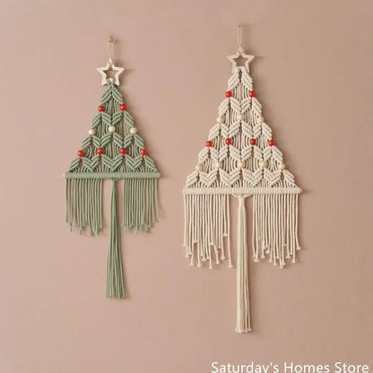 Two boho christmas tree macrame wall hangings in sage green and cream with beads and tassels for decorbites boho christmas decor