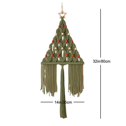 Olive green macrame christmas tree wall hanging with red and cream beads and wooden star topper decorbites boho christmas