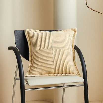 Beige corduroy patchwork boho striped pillow cover with ribbed texture and piped edges for living room decorbites decor