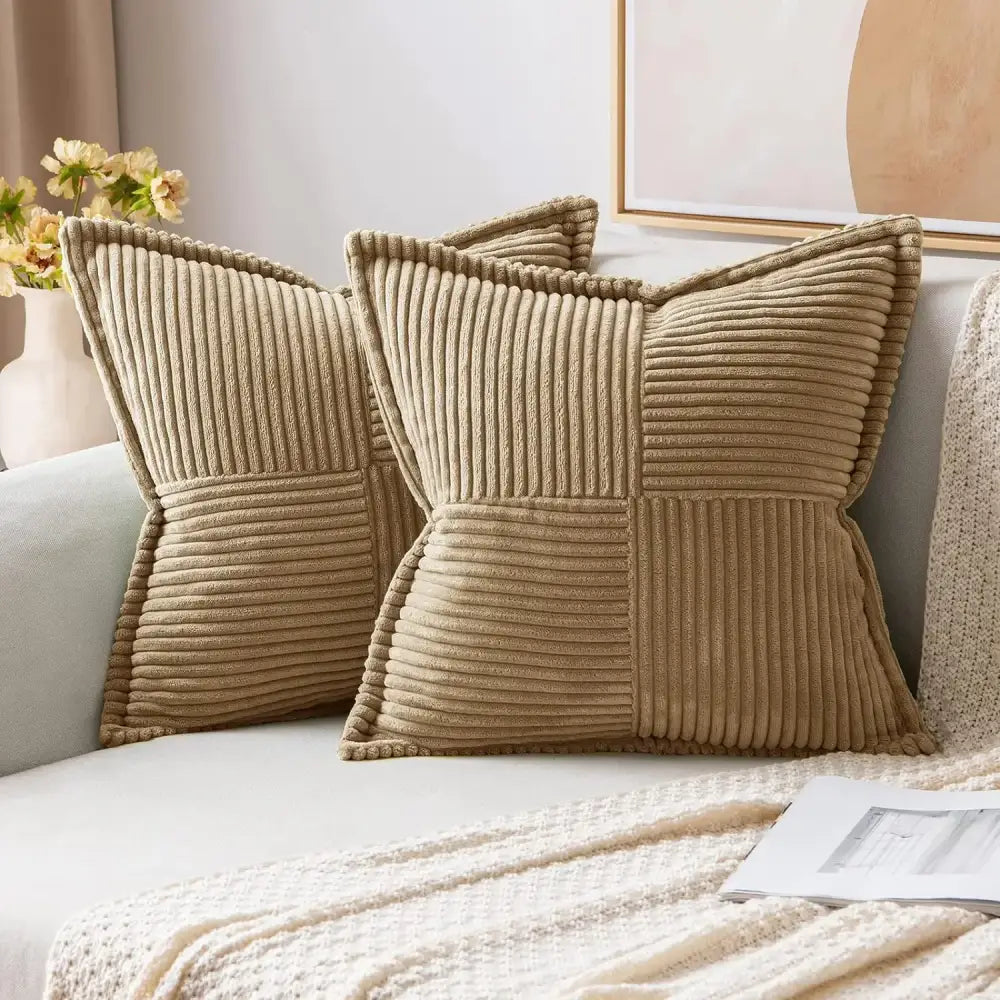 Beige corduroy pillow covers with patchwork design from decorbites boho striped pillow cream quilted living room decor