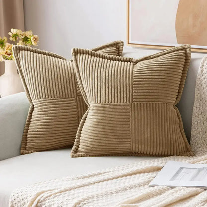 Beige corduroy pillow covers with patchwork design from decorbites boho striped pillow cream quilted living room decor