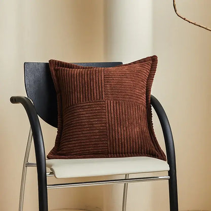 Brown corduroy boho striped pillow cover with vertical ribbed patchwork for decorbites boho striped living room decor