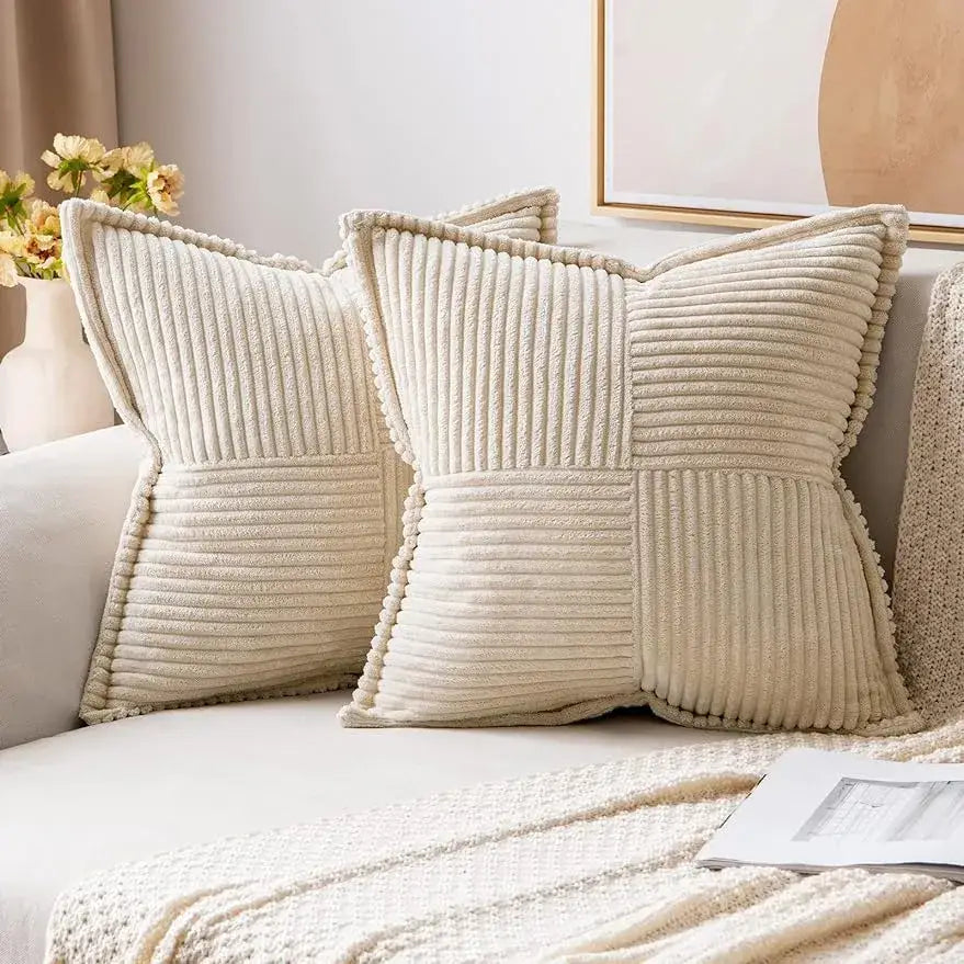 Cream-colored corduroy boho striped pillow covers with quilted patchwork and piped edges for living room decorbites decor