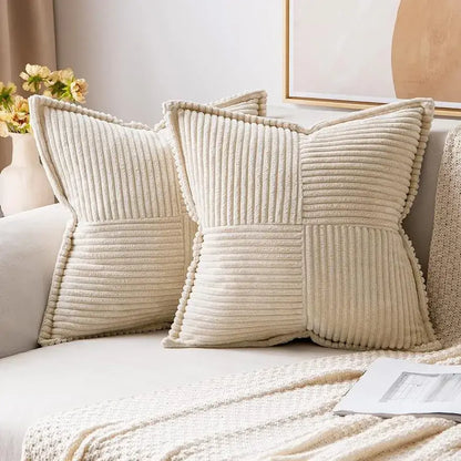 Cream-colored corduroy boho striped pillow covers with quilted patchwork and piped edges for living room decorbites decor