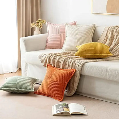 Set of colorful corduroy boho striped pillow covers with patchwork design and ribbed texture for living room decorbites boho striped decor