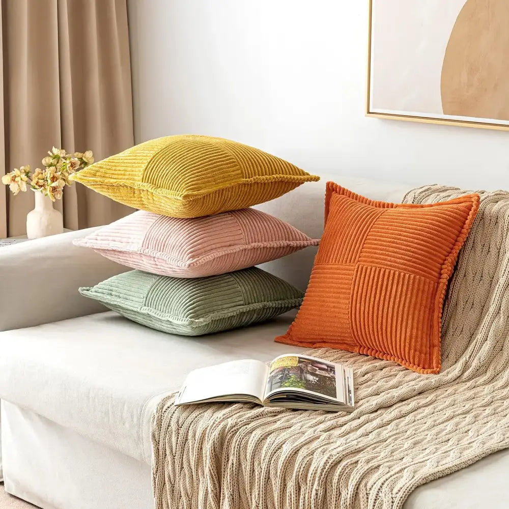 Stacked mustard yellow blush pink sage green and burnt orange corduroy pillow covers for decorbites boho striped living room decor