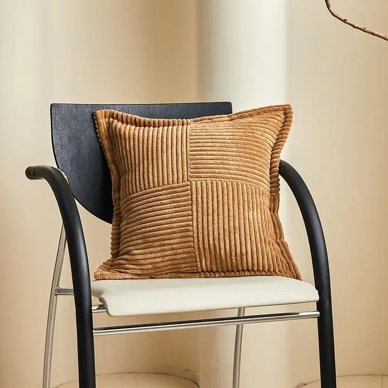 Tan corduroy boho striped pillow cover with vertical ribbed patchwork design for decorbites living room decor