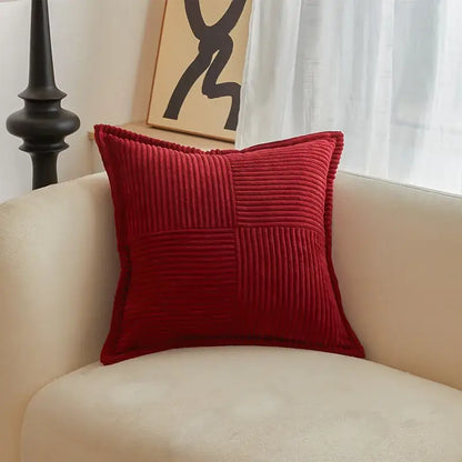 Vibrant red corduroy throw pillow with quilted patchwork design for decorbites boho striped pillow covers and living room decor