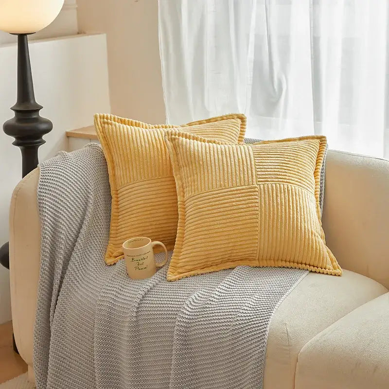 Yellow corduroy quilted patchwork pillow covers from decorbites boho striped pillow collection for living room decor