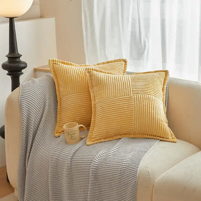 Yellow corduroy quilted patchwork pillow covers from decorbites boho striped pillow collection for living room decor