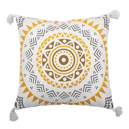 White boho style cotton pillow cover with mustard and gray geometric mandala design and tassels for living room decorbites