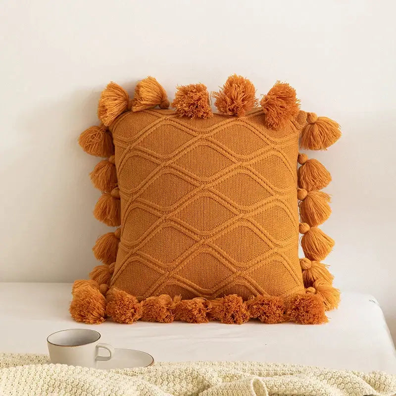 Warm orange knitted throw pillow with diamond pattern and tassels for decorbites boho style ivory cushion cover decor