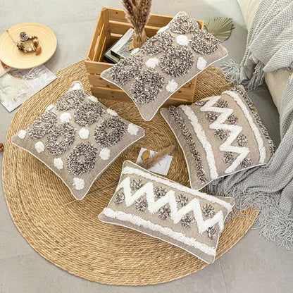 Set of four beige and white boho style tufted cushion covers with chunky knit patterns for living room decorbites decor