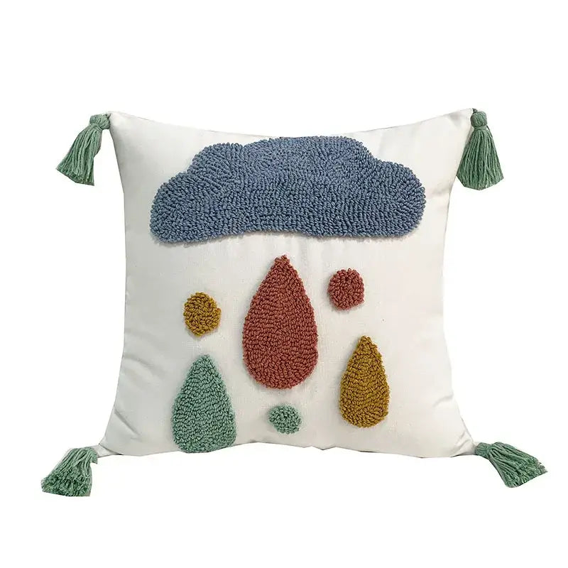 White throw pillow with embroidered decorative pillowcases 45x45 featuring colorful punch needle cloud and raindrop design