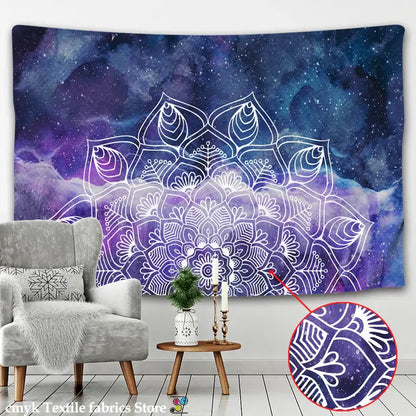Purple and blue galaxy boho sun moon tapestry with white mandala design for bedroom decorbites boho sun decor