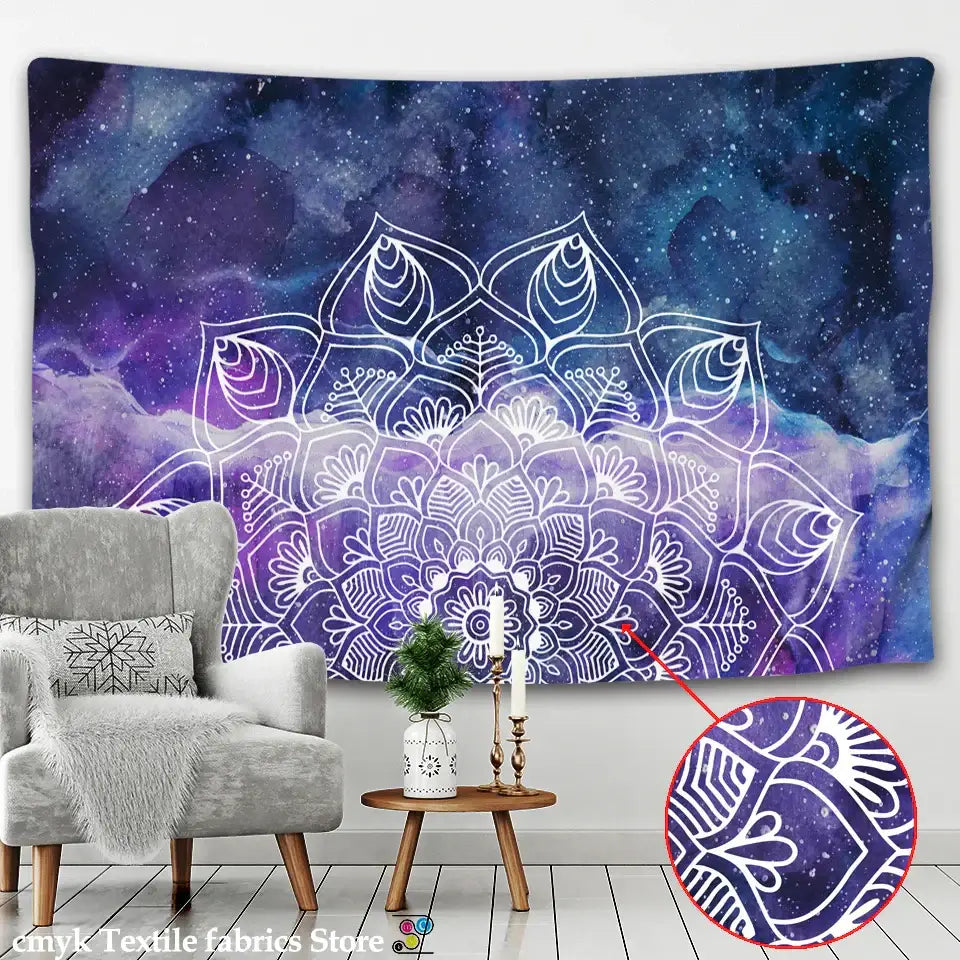 Purple and blue galaxy boho sun moon tapestry with white mandala design for bedroom decorbites boho sun decor