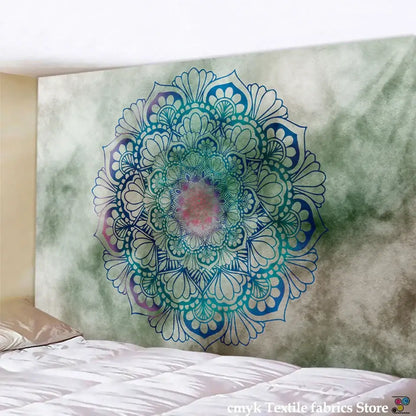Bohobite sun moon mandala tapestry in teal and blue with floral patterns for galaxy bedroom decor