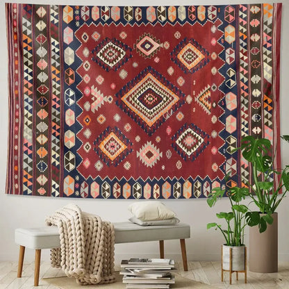 Boho tapestry set with vibrant red geometric diamond and triangular patterns in navy beige orange and cream hues