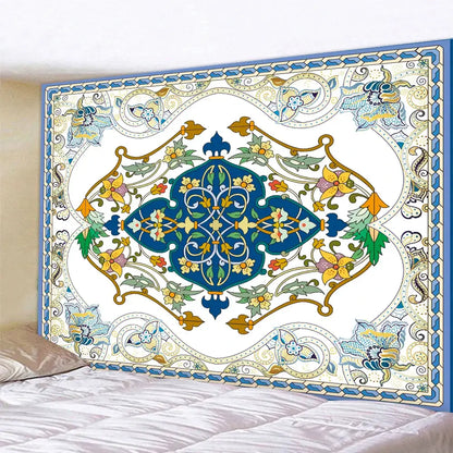 Boho tapestry set featuring a decorative central blue diamond and gold floral patterns on white for bedroom decorbites tapestry set
