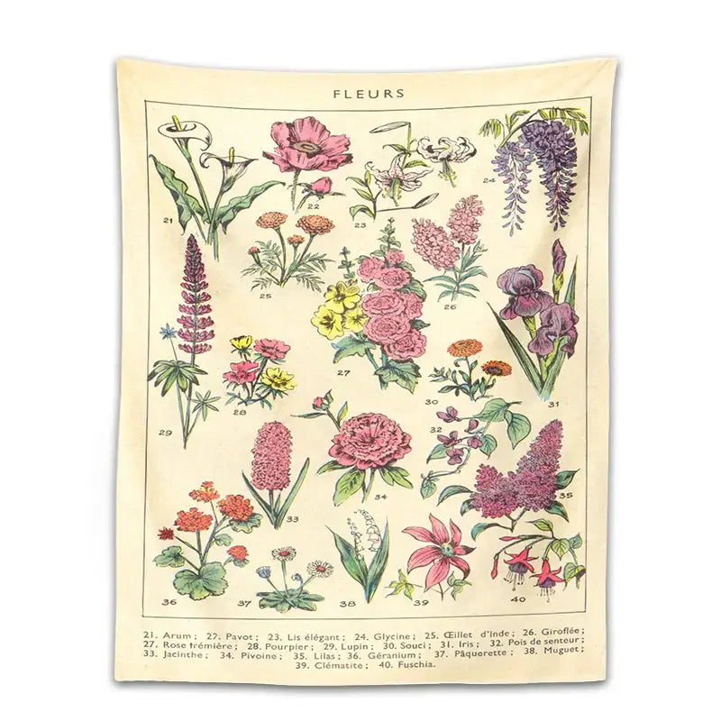 Beige floral decorbites boho tapestry wall hanging with vintage botanical illustrations for bedroom decor