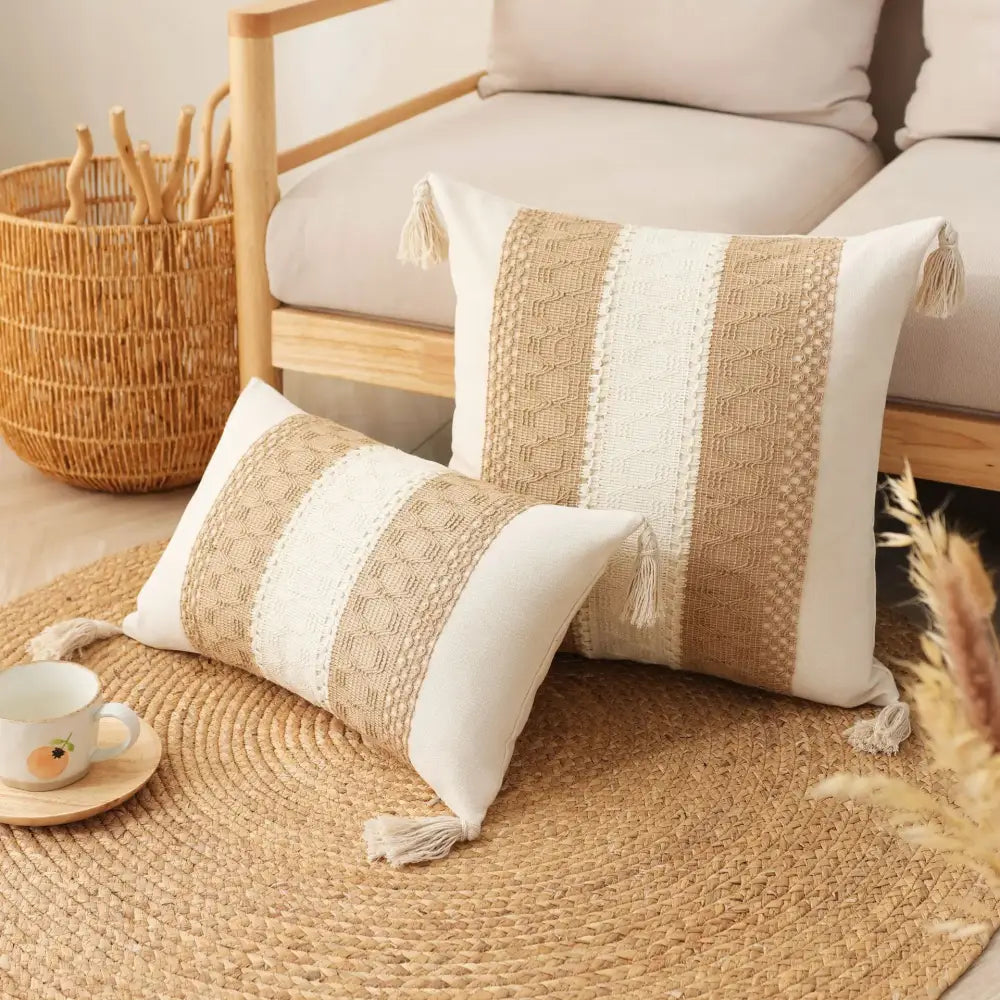 Two rectangular boho tassel cushion covers in beige and gray with woven stripes and tassel accents for living room decorbites decor
