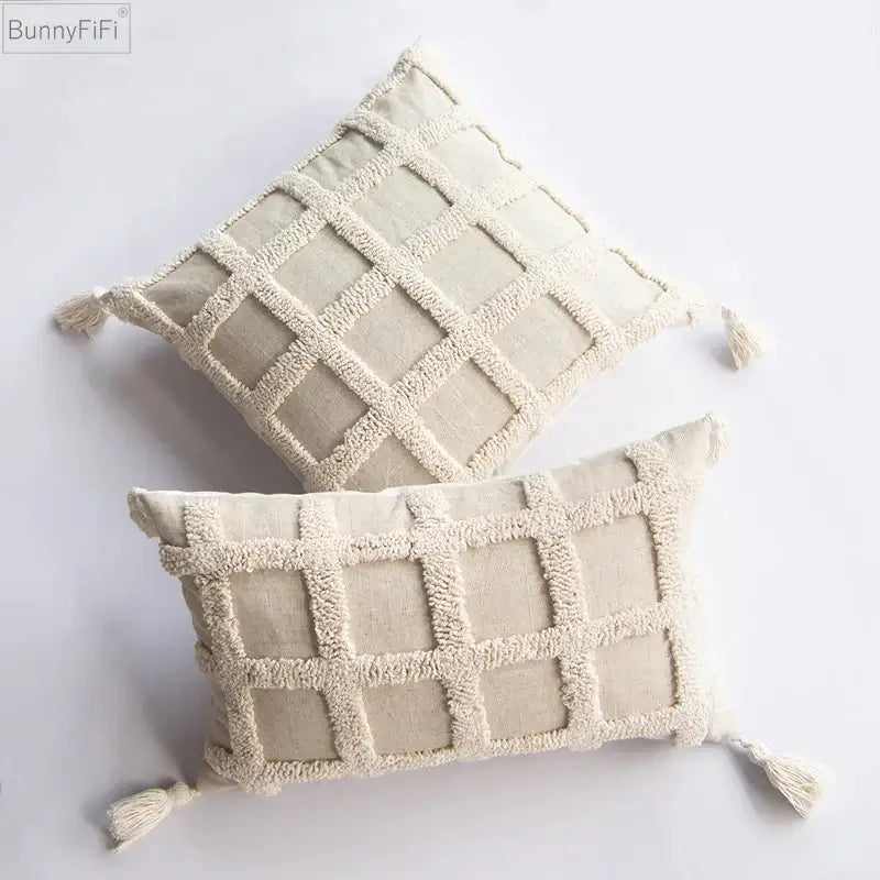 Beige boho tassel cushion cover with cream textured diamond pattern soft linen fabric for living room decorbites boho tassel decor