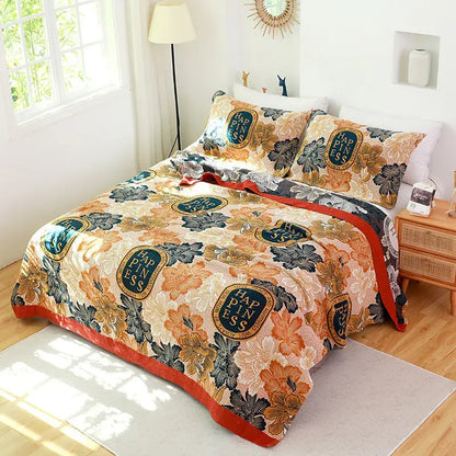 Boho teal floral cotton cover throw blanket set featuring a cozy orange beige comforter with happiness motifs