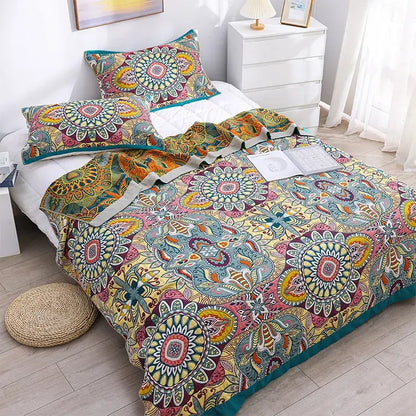 Vibrant multicolored mandala-patterned cotton cover throw blanket with teal trim for boho bedroom quilt set