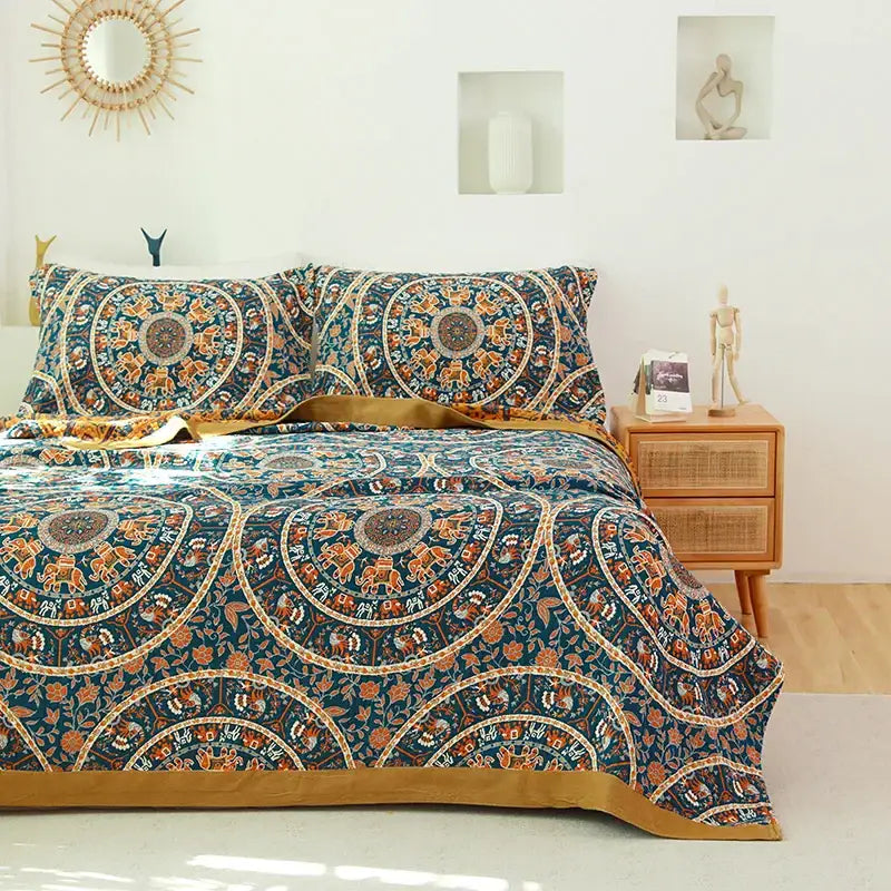 Boho teal and gold elephant cotton cotton boho manta throw blanket with intricate mandala and floral decorbites designs