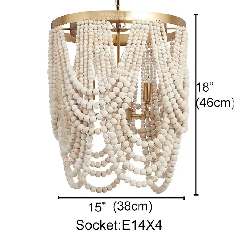 Boho tiered wooden beaded chandelier with white beads and gold metal frame featuring four e14 sockets for dining room