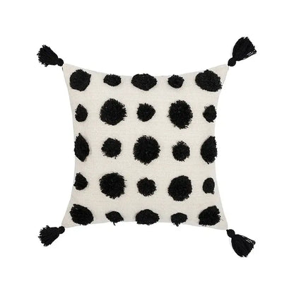 Off-white pillow cover with black textured pom-poms and tassels boho tufted beige decorbites boho tufted design