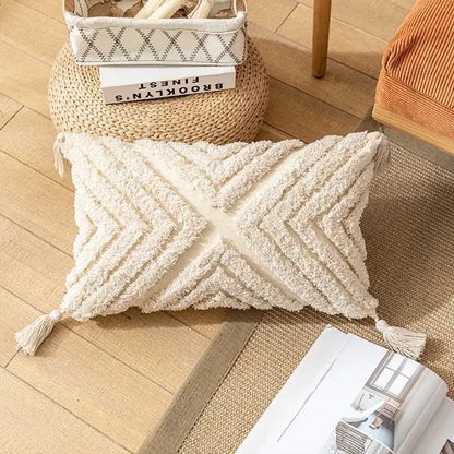 Cream-colored textured boho tufted beige pillow cover with geometric pattern and tassels for living room decorbites decor